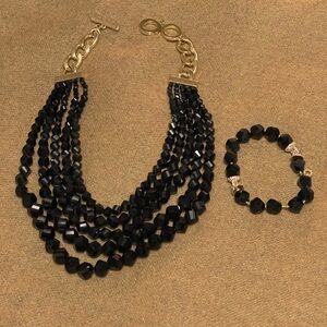 Anne Klein Black Multi-Strand Beaded Necklace and Bracelet - Gold Accents